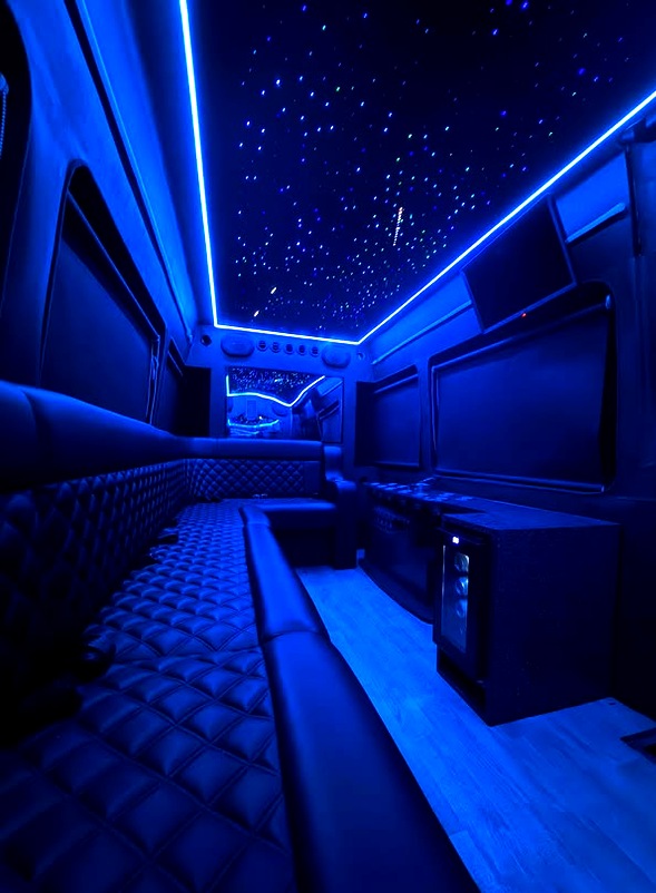 Blue LED starlight ceiling stretching the full length of the Ryels party bus